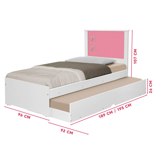 Cama Solteiro Com Auxiliar Com 2 Colchões Tebarrot Barcelona Branco Rosa 5345