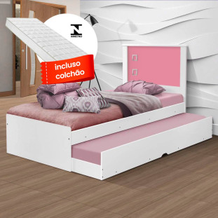 Cama Solteiro Com Auxiliar Com 2 Colchões Tebarrot Barcelona Branco Rosa