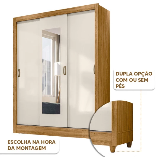 Guarda-Roupa Casal Elevare 3 Portas Espelho Freijó/Off White