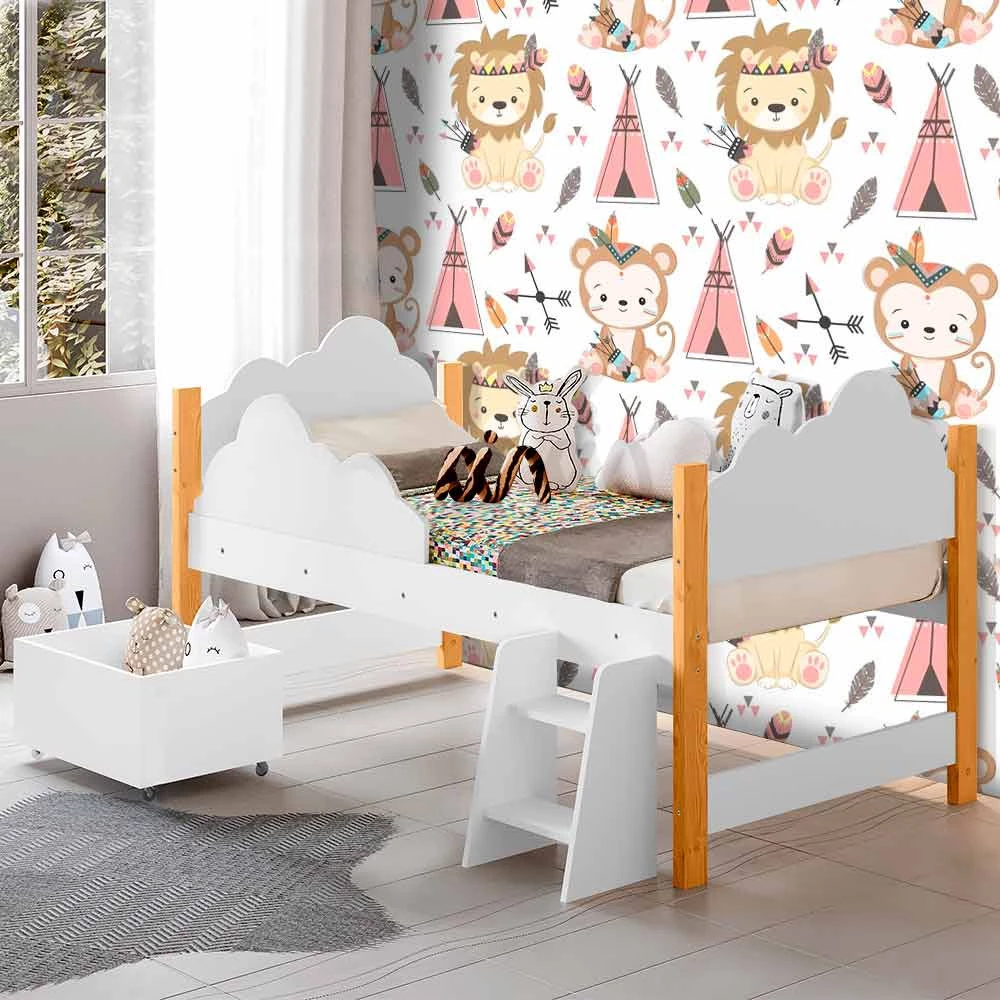 Mini cama Juvenil Infantil Gatinho Branca/Azul Com Colchão - Móveis Bela