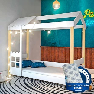 Cama Montessoriana Cabana Infantil Branco Com LED Livia Divaloto Com Colchão Probel Guarda Costas