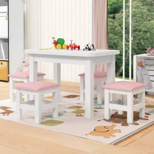 Mesa Infantil Retangular Com 4 Banquetas Branco Com Estofado Rosa Madeira Maciça Nemargi