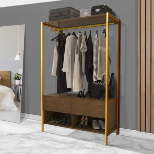 Guarda Roupa Closet Solteiro Industrial Em Aço 2 Gavetas Imbuia Dourado Ahri Shop JM