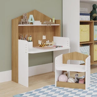 Mesa Infantil Com Banco 100% MDF Branco Nature Casinha Permóbili